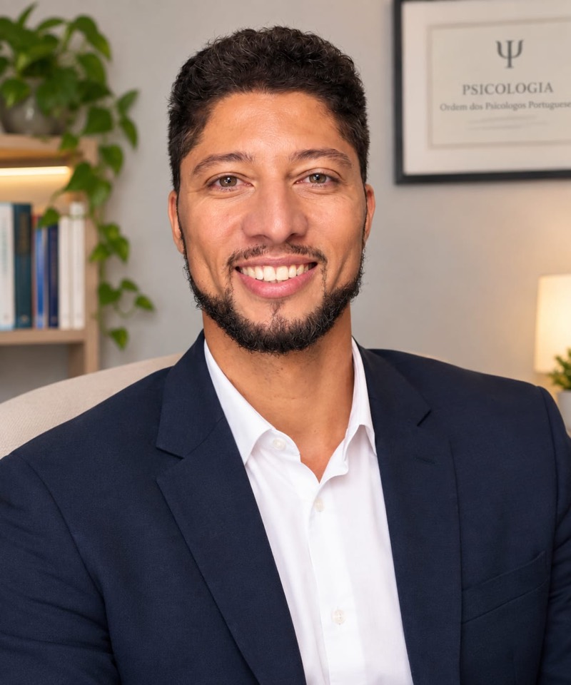 Foto do psicólogo Erik dos Santos Felizardo sorrindo, de blazer azul, em seu consultório